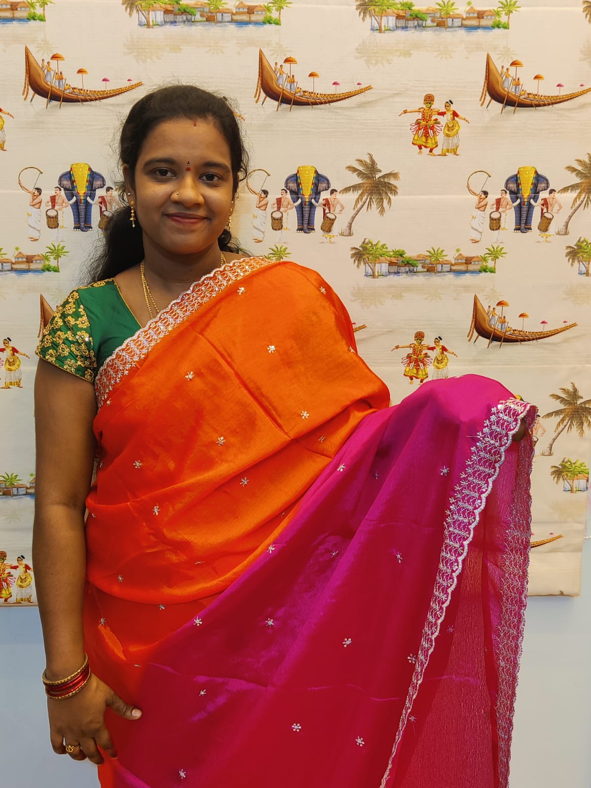 Kinjal Pink & Orange Dual Shade Saree