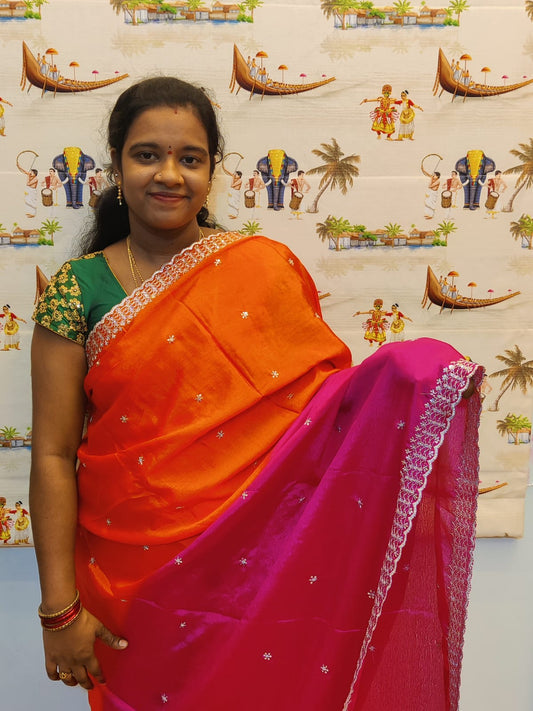 Kinjal Pink & Orange Dual Shade Saree