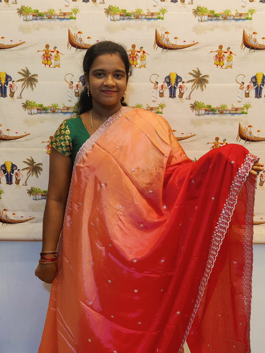 Kinjal Red & Peach Dual Shade Saree