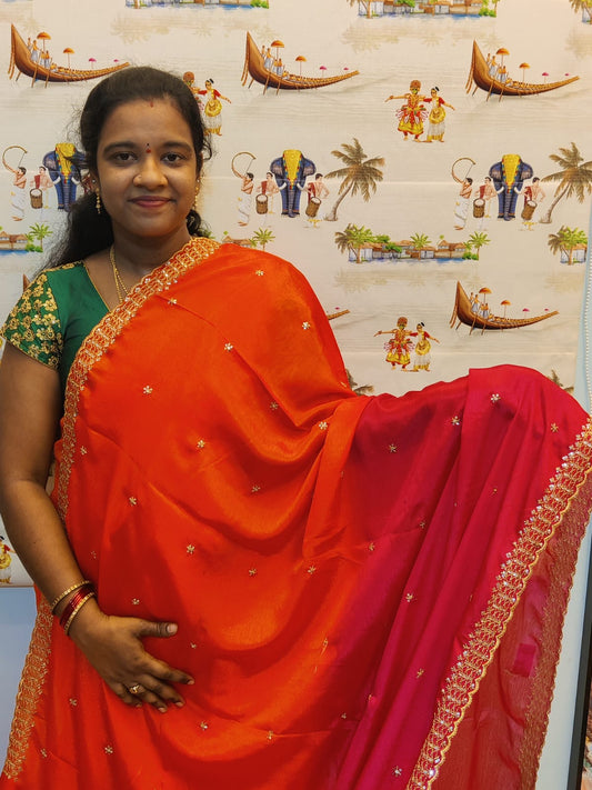 Kinjal Red & Orange Dual Shade Saree