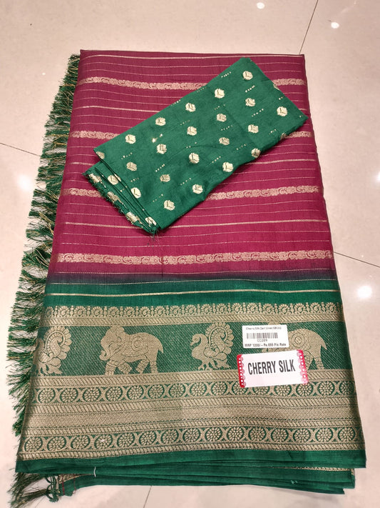 Cherry Silk Zari Lines Saree